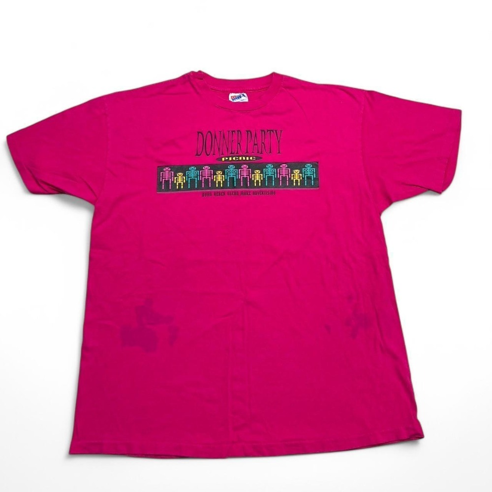 Hanes T-Shirt Womens XL Pink Donner Party Picnic Vintage Beefy-T Graphic Tee